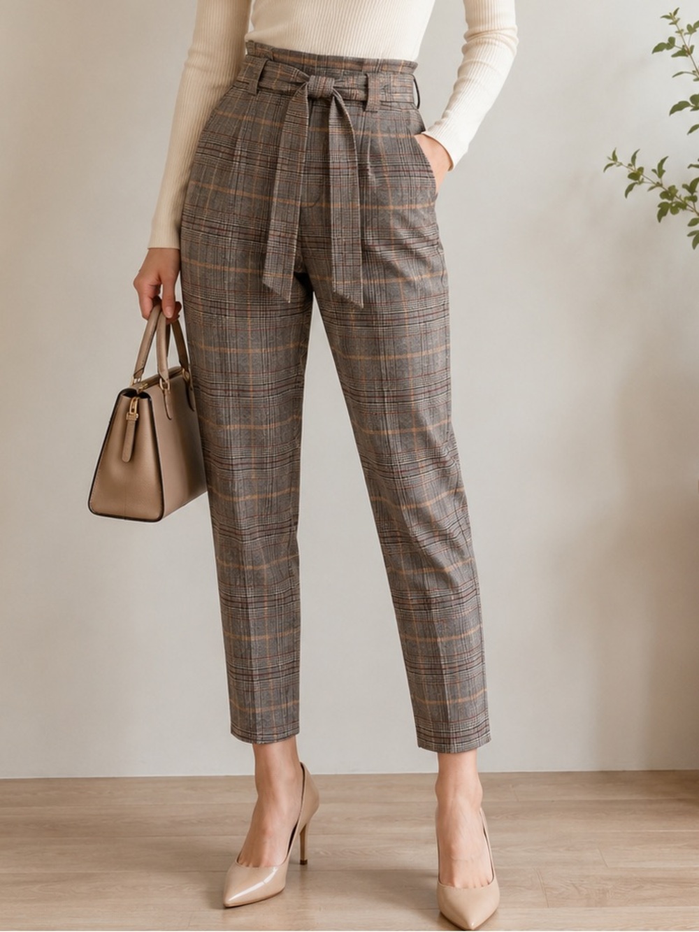 Express Gray Plaid Ankle Pants with Self Tie